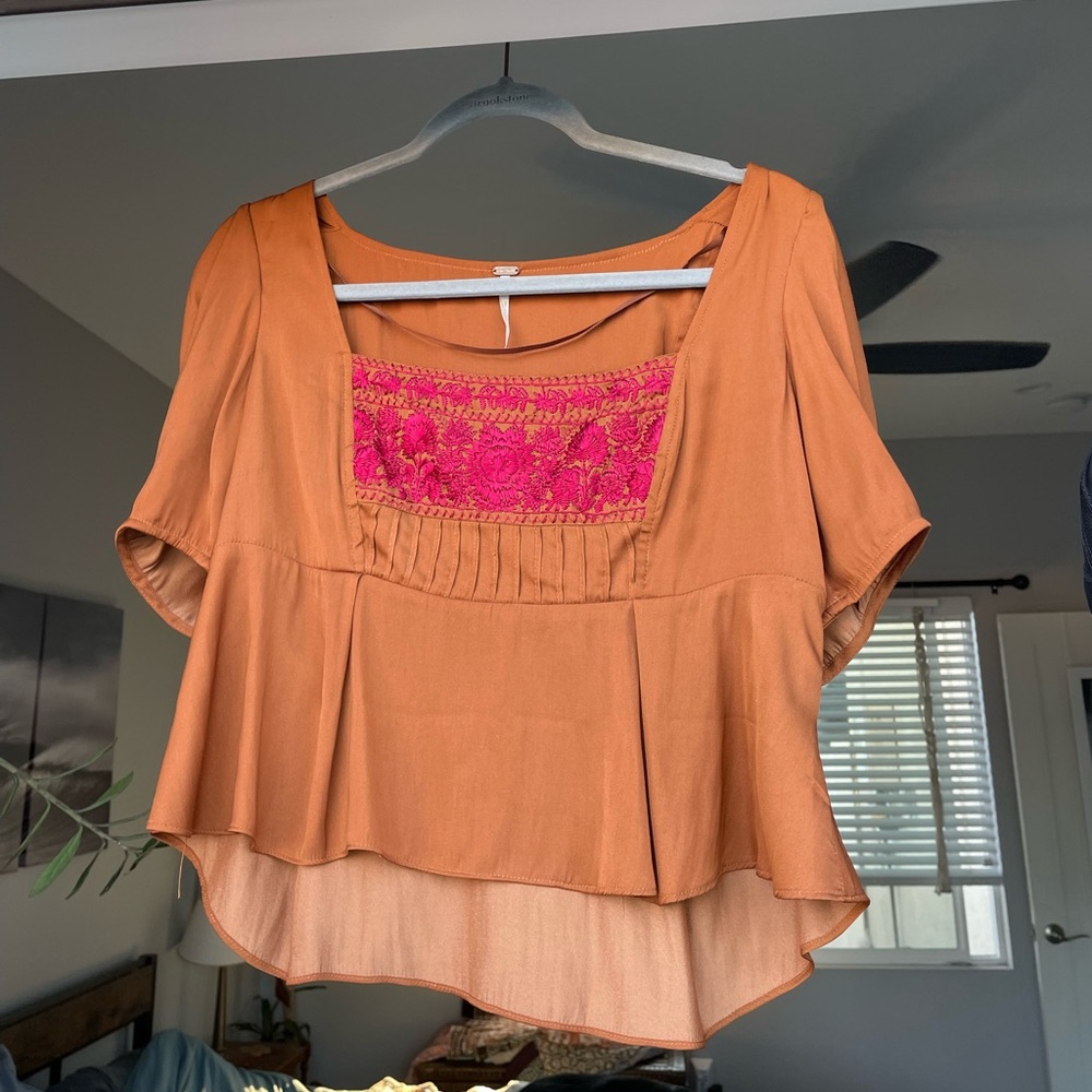 Free People Women's Orange Blouse with Pink Embroidery & Victorian Square Neck